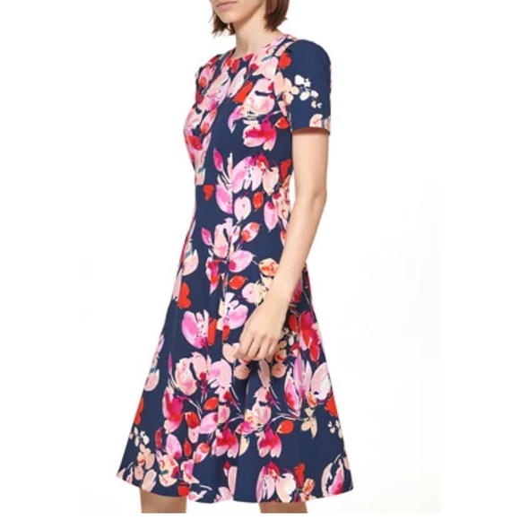 Women's Short Sleeve Floral Printed Scuba Crepe Fit and Flare Dress - Picture 2 of 9